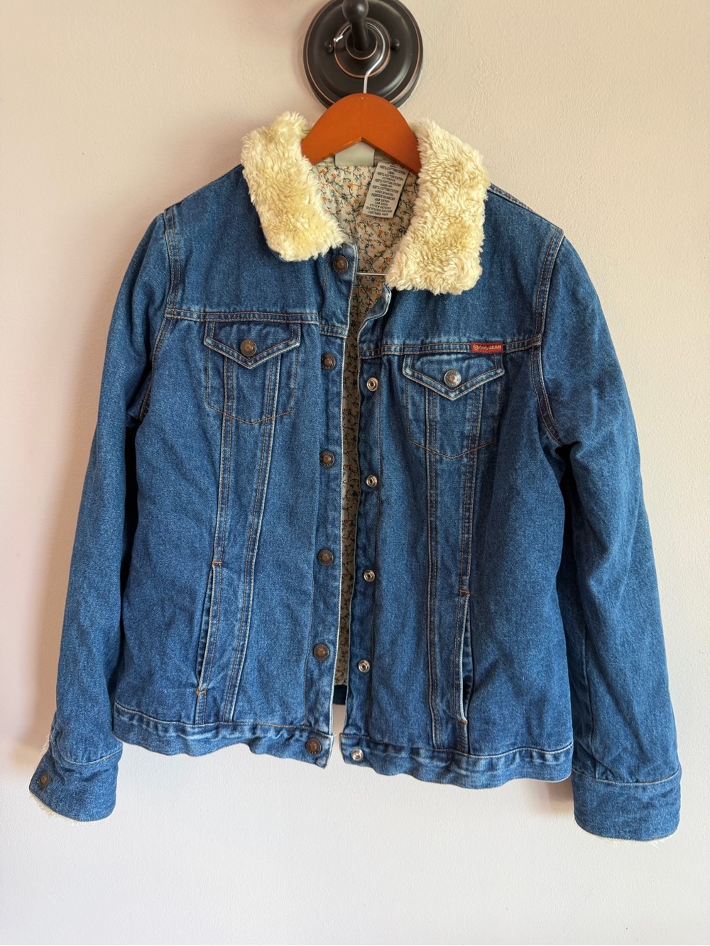 Roxy Jean Denim Trucker Jacket Sherpa Collar Floral Quilted Lining Blue XL